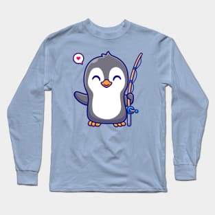 Cute Penguin With Fishing Rod Cartoon Long Sleeve T-Shirt